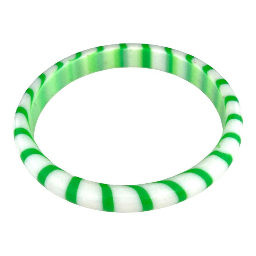 Vintage 1970s Lucite Bangle Bracelet Green White Striped Plastic - 12T